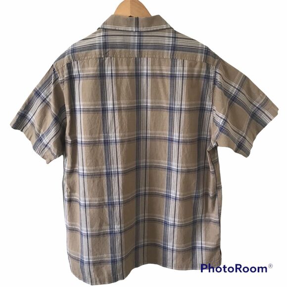 Solaris Mens Short Sleeve Button Up Plaid Camp Shirt L Khaki Blue Outdoors $45 - Picture 5 of 5